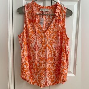LOFT Orange Paisley Sleeveless V-Neck Top Sz M